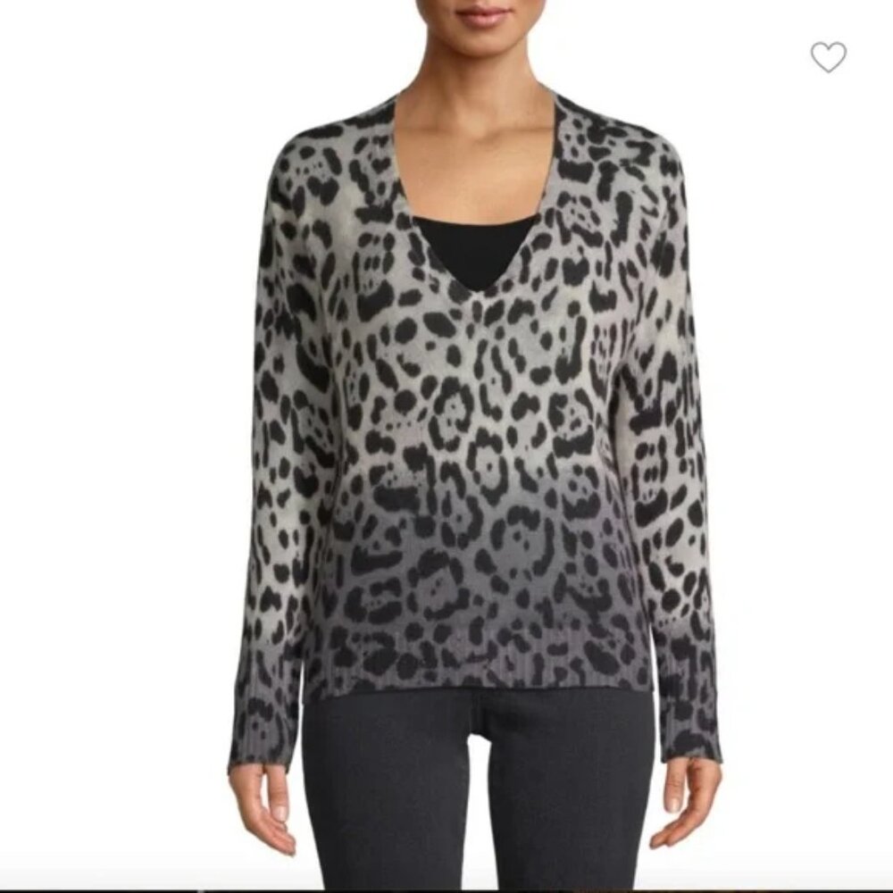 360 CASHMERE "Lauren" Dip-Dye Ombré V-Neck Cashmere Animal Print Sweater Size M